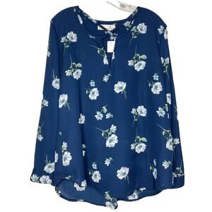 PENELOPE PROJECT Blouse Women Size Medium Roll Tab Sleeve Blue White Floral